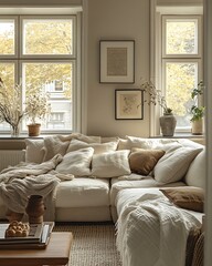Fototapeta premium Modern Scandinavian home interior design characterized by an elegant living room featuring a comfortable sofa, mid century furniture, cozy carpet, wooden floor, white walls, and home plants.