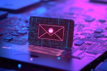 Digital representation of email communication on a circuit board background at night
