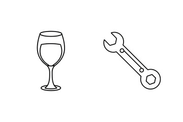Simple Line Art Depicting Work Life Balance With Wine And Wrench