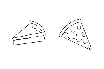 Simple Outlined Cake Slice And Pizza Slice Illustrations Isolated On White Background