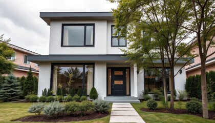 Fototapeta premium Sophisticated two story home exterior with lush landscaping and concrete pathway