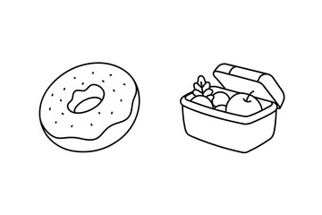 Donut And Bento Box Outlined Vector Illustration Healthy Eating Concept Design