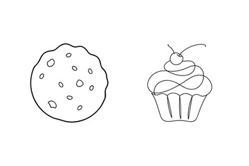 Minimalist Line Art Of Chocolate Chip Cookie And Cherry Cupcake Illustration