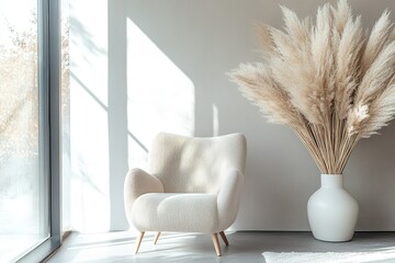 A light-filled modern lounge showcasing plush chairs and tall pampas grass in a sleek vase, creating an airy and inviting ambiance, trending content for instagram faceless digital marketing.