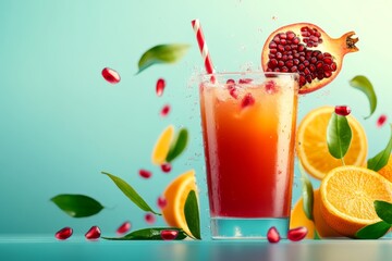 Fototapeta premium Glass of fruit juice with a slice of orange and a pomegranate on top. The juice is red and orange, and the pomegranate is floating in the air