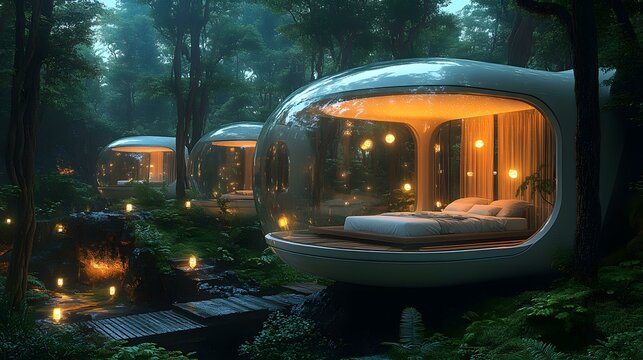 Futuristic jungle hotel offers transparent sleeping capsules amongst lush green forest with illuminated pathways and a serene, eth