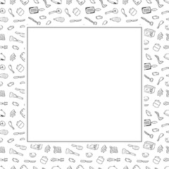 kitchen utensil frame. doodle kitchenware square frame. kitchen background