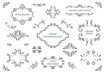 Set of decorative elements for design. Hand drawn ornate frames, borders, dividers. Vintage vector collection.