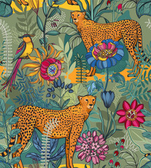 Vector seamless pattern with tropical plants and flowers, wild animals and birds