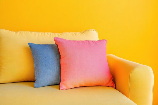 New trending PANTONE 13 1023 Peach Fuzz color for 2024 on yellow sofa with multicolored pillow.