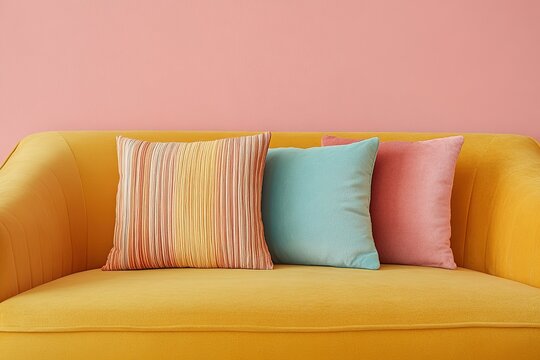 New trending PANTONE 13 1023 Peach Fuzz color for 2024 on yellow sofa with multicolored pillow.