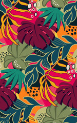 Bright vector seamless pattern with colorful tropical plants and flowers, palm leaves. Cute botanical abstract contemporary endless background.