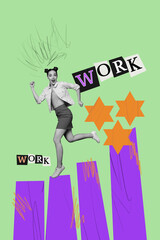 Poster banner collage of person stand graphs with word work stars on green background