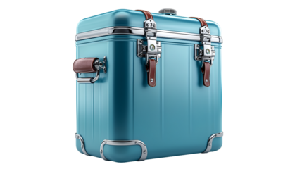 Teal Metal Suitcase Vintage Travel Trunk with Chrome Buckles, Retro Journey Storage.