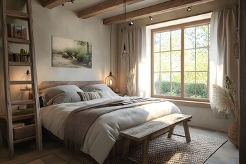 Rustic Bedroom with Wooden Beams and Large Window