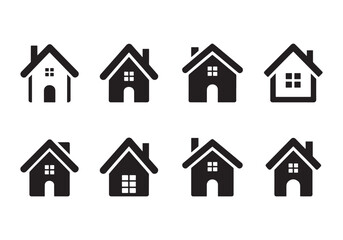 Vector icons of homes with varying roof shapes and styles in simple black silhouettes and outlines