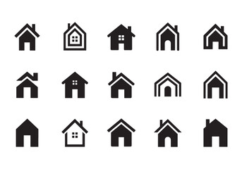 Minimalist home and house icons in solid and outlined black vector styles