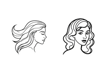 Two Elegant Woman Faces With Flowing Hair Stylized Line Art