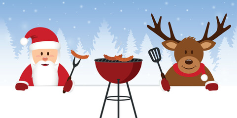 cute santa claus and reindeer at christmas bbq vector illustration