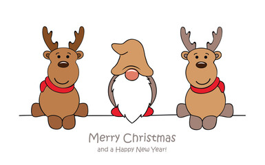 merry christmas greeting card with cute dwarf and deer vector illustration