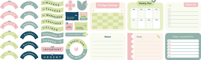 Cute decorative journal element design, planner journaling stationery elements, notepad memopad design in pastel color 