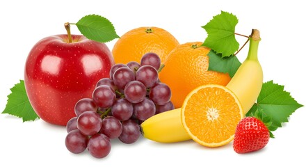 Naklejka premium Vibrant Collection of Fresh Fruits Apples, Oranges, Bananas, Grapes & Strawberry