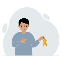 A little boy holds a bunch of golden keys to open a locked door. Knowledge or the key to success. Vector flat illustration