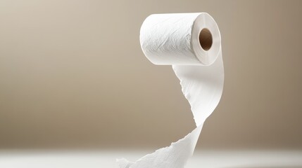 Roll of toilet paper is unrolled and hanging in the air. Concept of lightheartedness and humor, as the toilet paper is not being used for its intended purpose