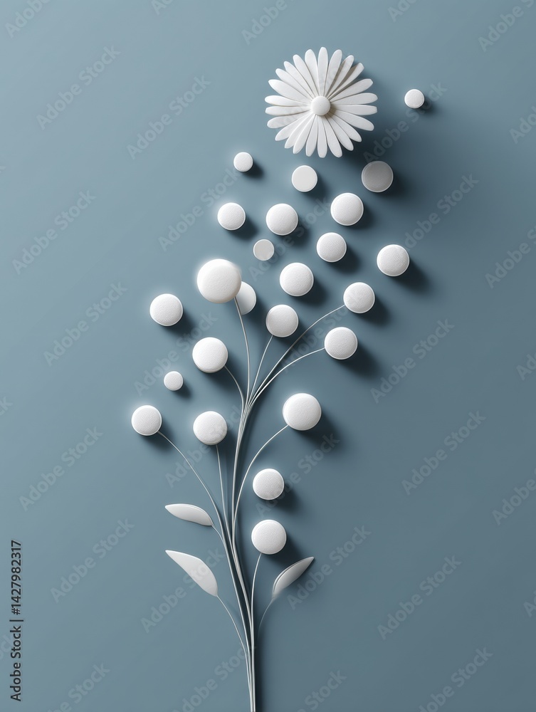 Poster clean white pill arranged in a blooming flower shape on a soft blue background highlighting wellness