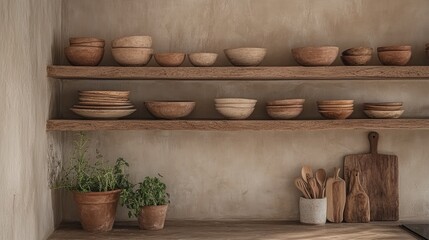 Kitchen shelves with terracotta bowls, wooden utensils, and herbs in pots