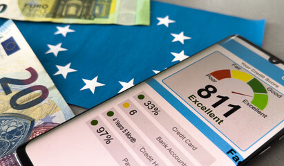 Credit score concept.Businessman evaluate customer statistical data with credit score icon. Online...