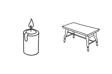 Line Art Illustration Of Candle And Wood Table Interior Decoration Items