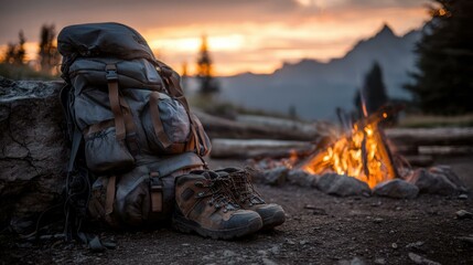 Camping Gear Still Life at Sunset, Backpack, Boots, and Campfire in the Mountains, Outdoor Adventure Theme