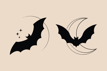 Two black silhouette bats with moon and stars for halloween night