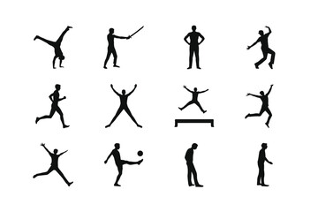 Diverse silhouette collection of men in action poses on white background