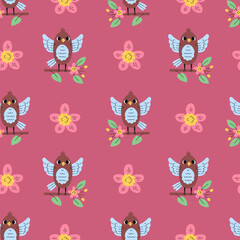 Bird Perch Branch Flower Seamless Pattern. Pink hand drawn Songbird Finch Twig nature background. Cute baby animal repeat vector illustration