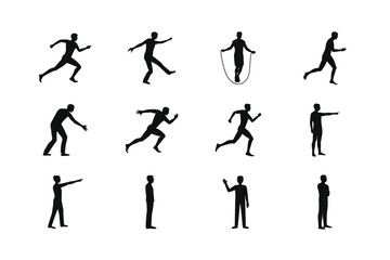 Set of silhouette people in various poses running jumping skipping standing
