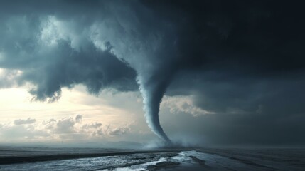 Imminent waterspout forming near the shore under ominous storm clouds