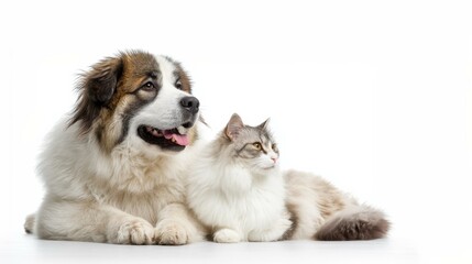 Obraz premium Great Pyrenees dog and a fluffy cat sitting together in a relaxed pose against a clean white backdrop