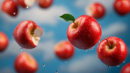 Bunch of apples are flying through the air with one of them having a bite taken out of it