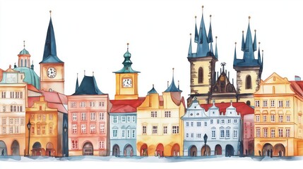 Fototapeta premium Old Town Square in Prague. Old Town Square in Prague hand drawn watercolor illustration