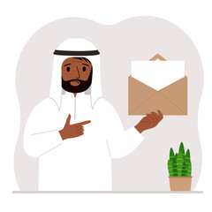 A man with an open envelope with a letter. Empty sheet of paper for text template. Mail concept. Sending a message, notification, invitation. Vector flat illustration.