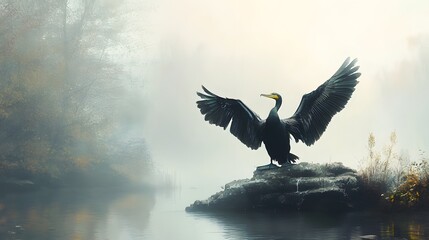 A cormorant drying its wings by the water is edge