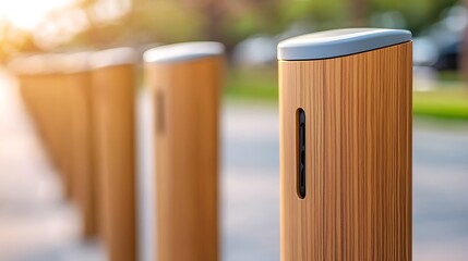 Modern street furniture installation urban park design elements daylight close-up view eco-friendly concept