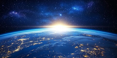 Obraz premium Stunning Aerial View of Earth at Night with Bright City Lights and Starry Sky Above, Capturing the Beauty of our Planet from Space