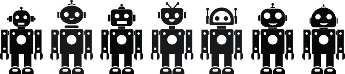 Robot black flat icons set. GPT chatbot. Artificial intelligence, trendy technology, support service, funny automation computer vectors isolated on transparent background. Showcasing playful designs.