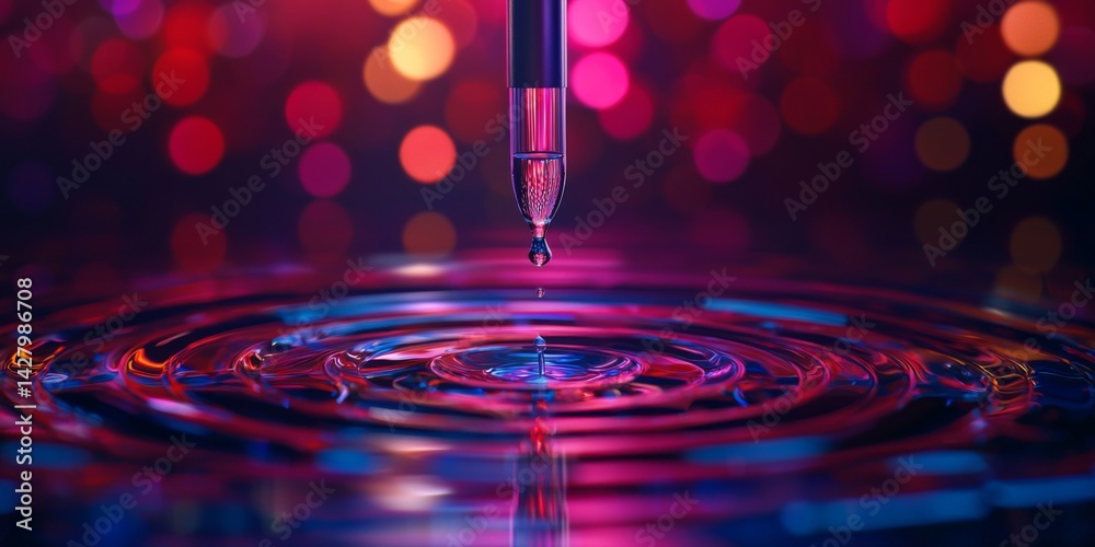 Poster Close-Up View of Laboratory Pipette Dropping Liquid into Test Tubes Surrounded by Colorful Background Enhancing Scientific Exploration and Research