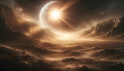 Obraz premium A golden sun flares behind a moon-like planet, illuminating a vast, eerie alien valley enclosed by steep ridges and dust..
