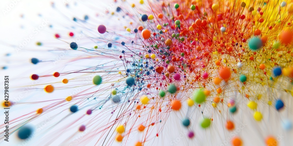 Aufkleber Colorful Strings and Pins Create Intricate Patterns on a White Background, Representing Connection, Communication, and Networking Concepts in Visual Art