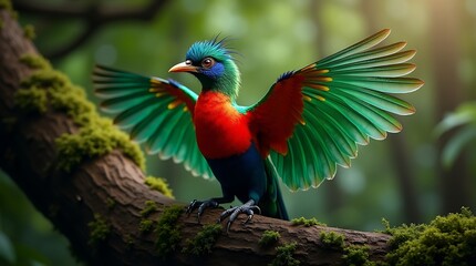 Flying toucan in lush green forest